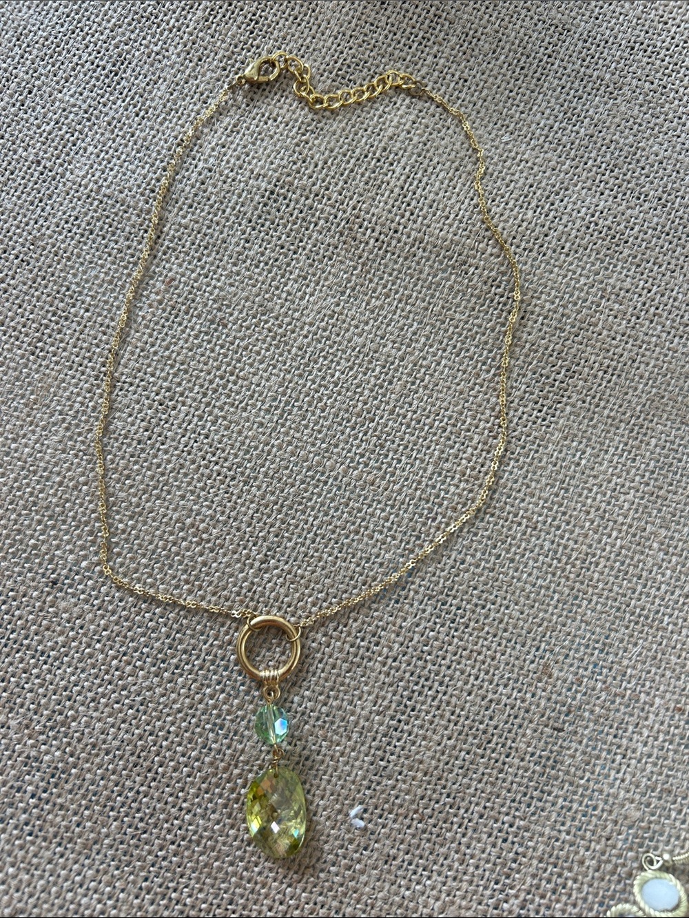 Gold tone Chain Necklace with Green Crystal Pendant